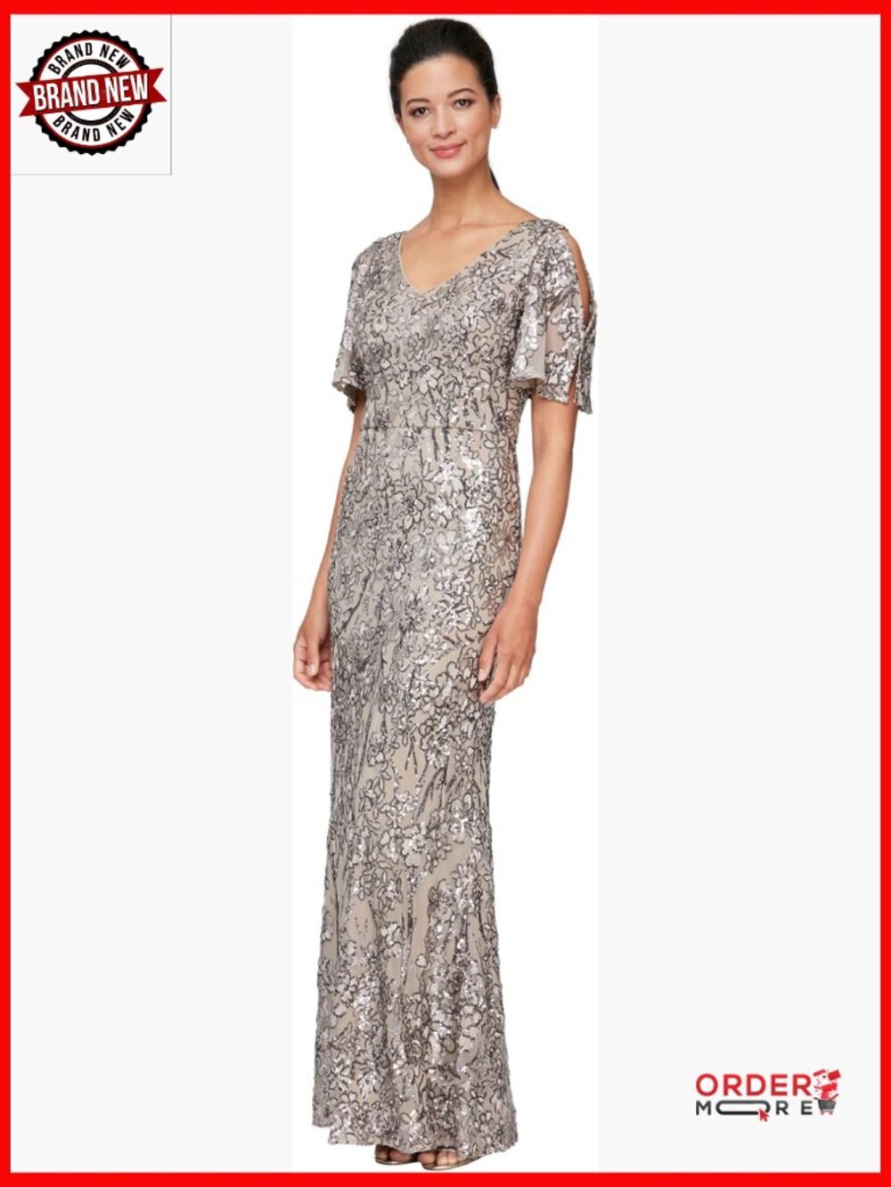 Long Sequin Mother of Bride Dress Flutter Sleeve Formal